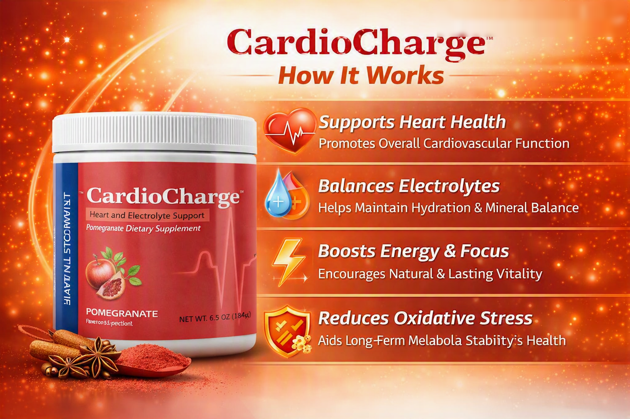 How CardioCharge works — supports healthy glucose levels, boosts blood pressure balance, supports metabolic health, enhances metabolic vitality